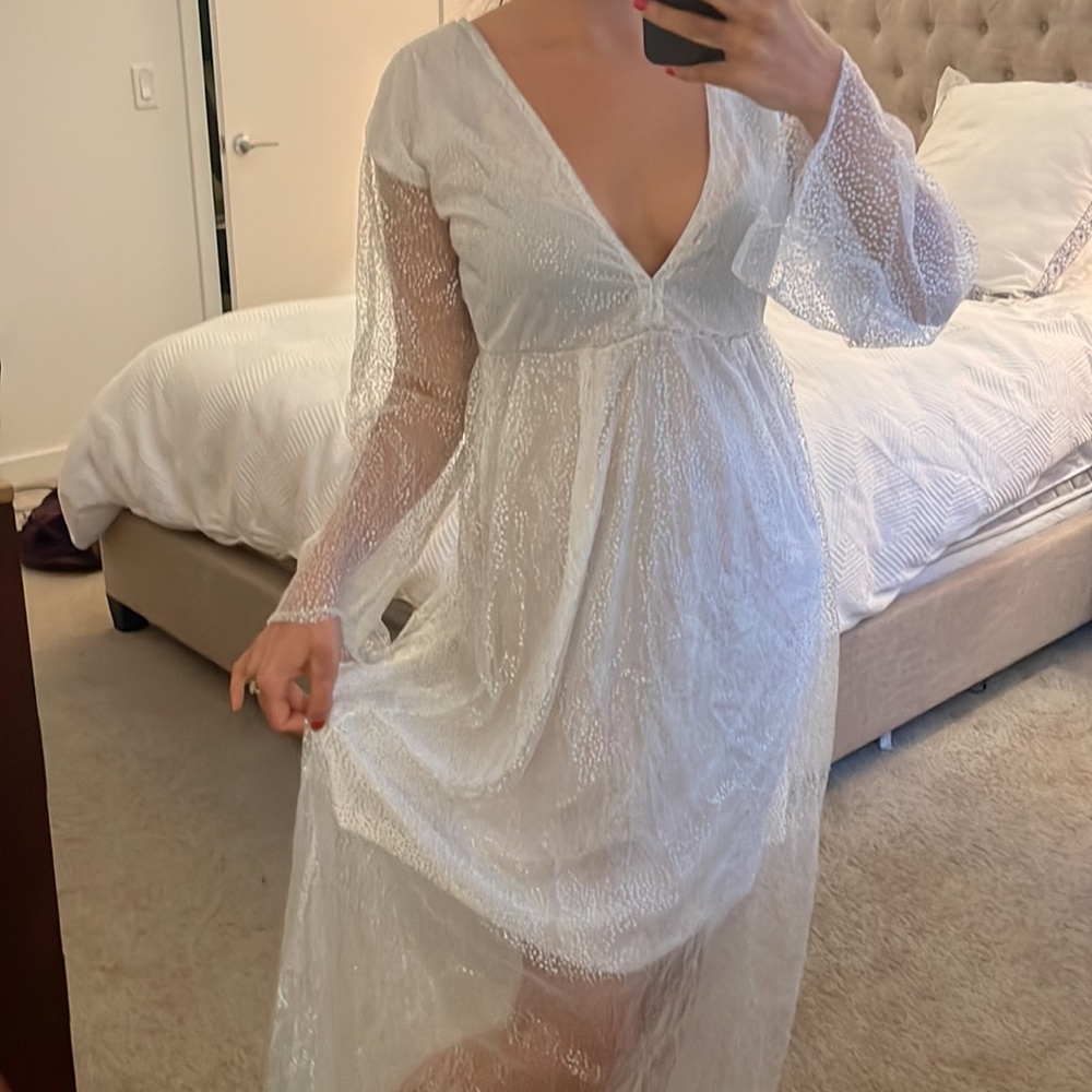 White Silver Shiny Long Dress with Sheer Sleeves and white underlining S - Picture 3 of 11